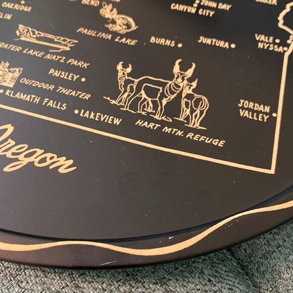 Oregon State Map Vintage Metal Serving Trays | Black and Gold w/ Rhododendron - Picture 4 of 9